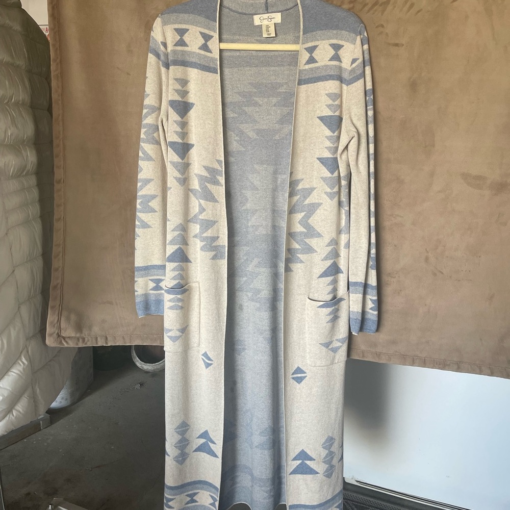 Jessica Simpson Blue and Cream Geometric Cardigan